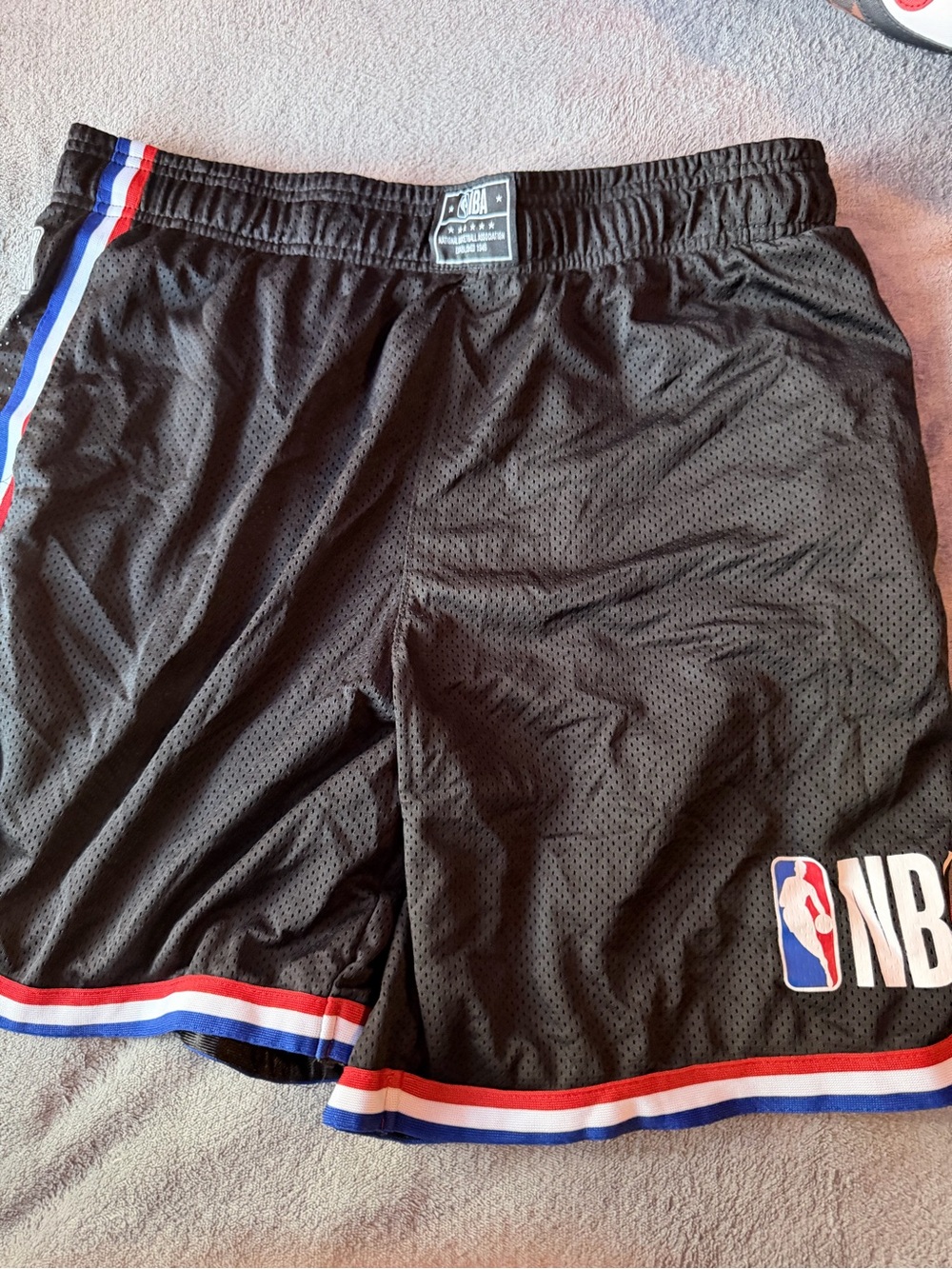 NBA Black Mesh Athletic Shorts with Red & Blue Stripe Trim no tags brand new